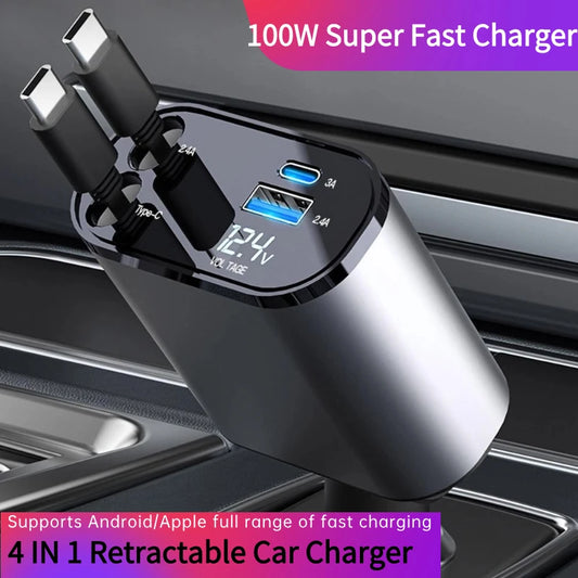 DAKA | 100w 4 IN 1 Retractable Car Charger USB Type C Cable For IPhone Fast